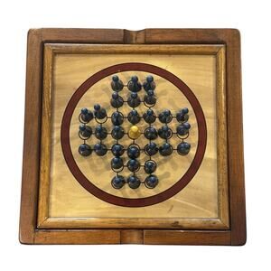 Vintage Solid Wood Solitaire & Tic Tac Toe Wooden Game Board 2-in-1 Wood Pegs